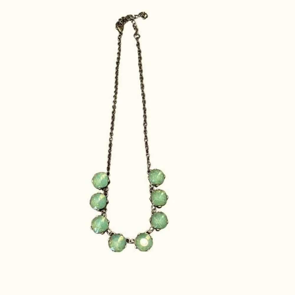 Oval 8 Beaded Rhinestrone Chain Statement Necklace Green Gold‎ Tone